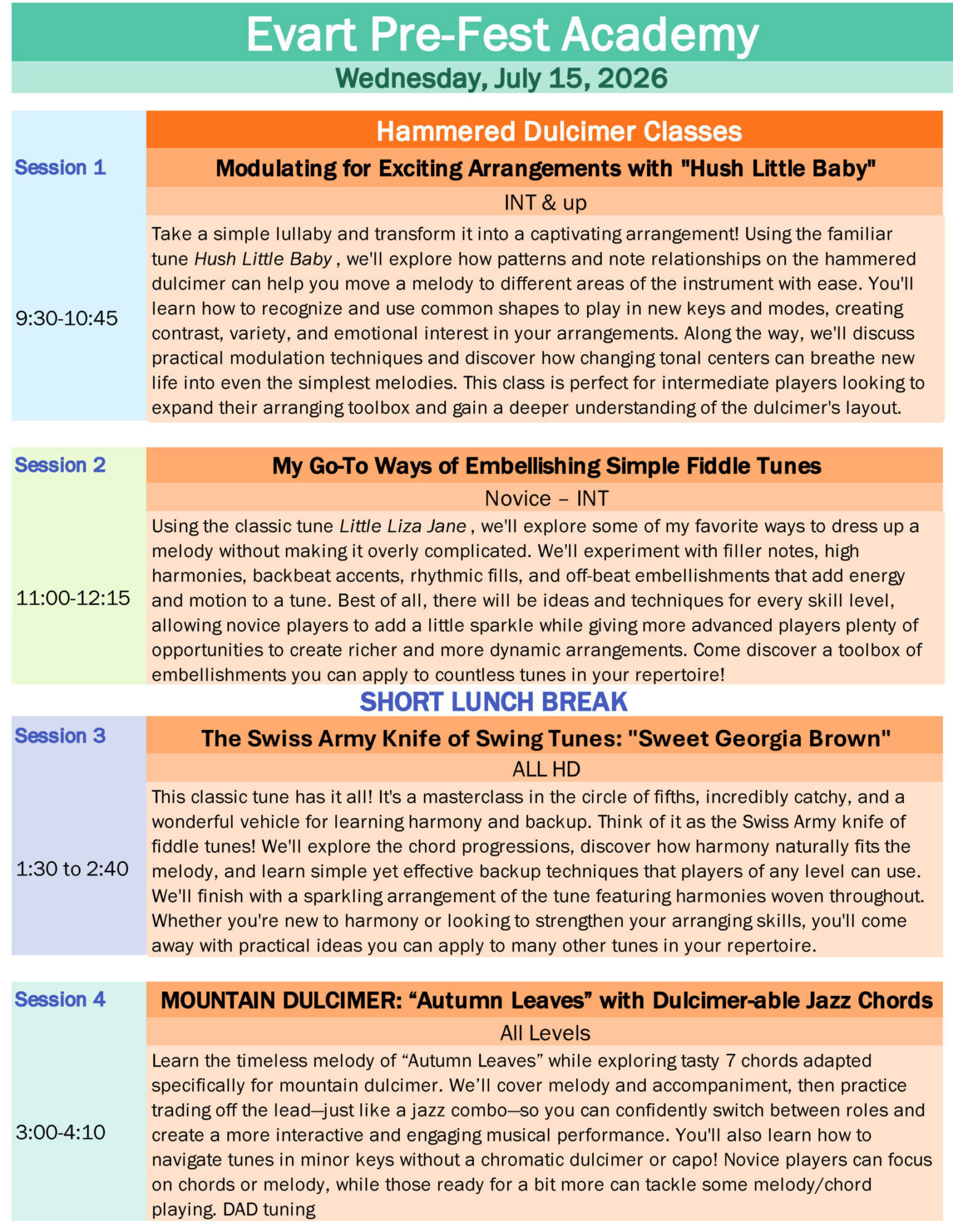 Evart PreFest Academy Schedule 2026