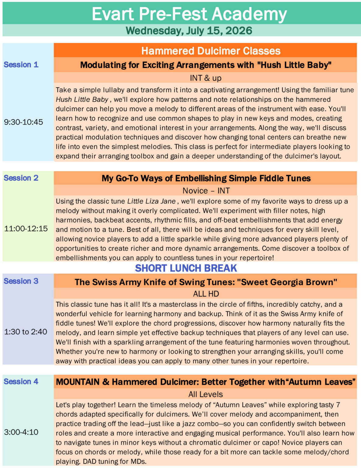Evart Prefest Academy Schedule